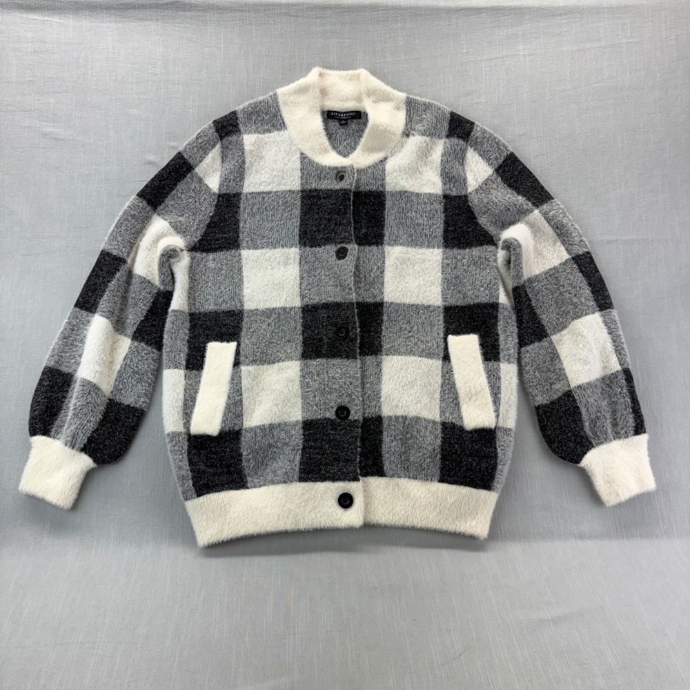 Liverpool Cardigan Sweater Women Small Plaid Eyelash Knit Black White Button Up